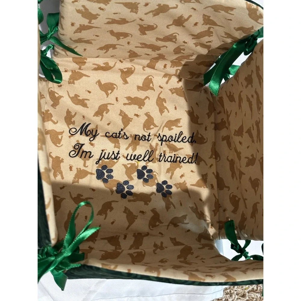 Handmade Embroidered Calico Tabby Kitten Cats Fabric Spoiled Toy Basket Ties 9x9